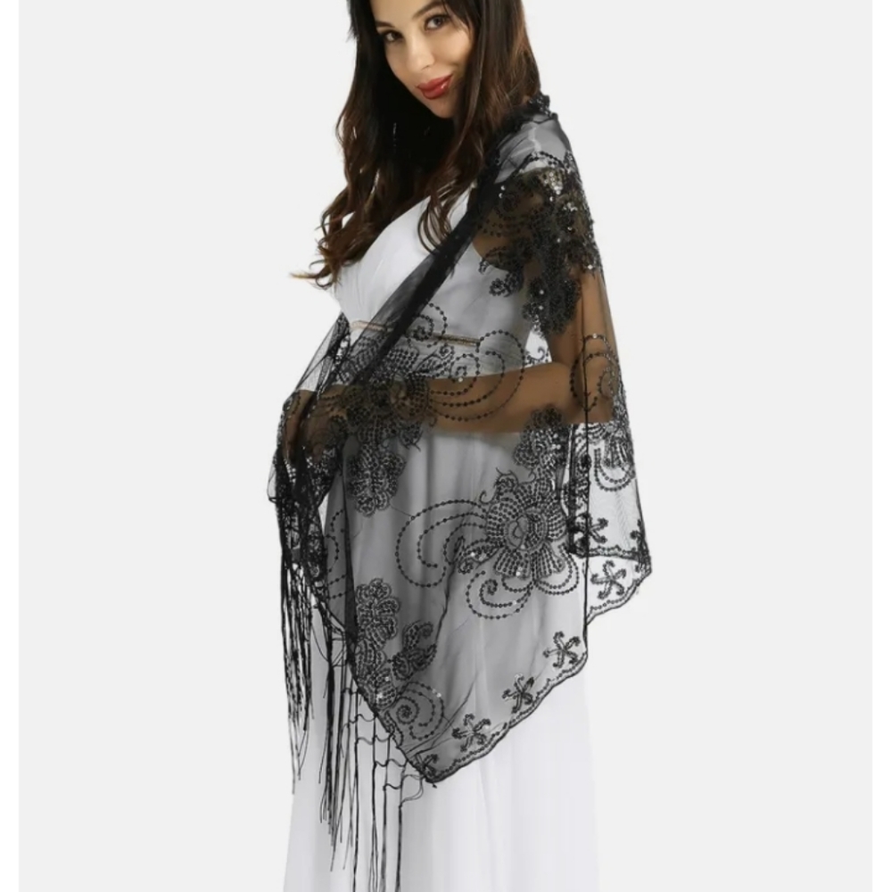 TiaoBug Women's 1920s Scarf Mesh Sequin Wedding Cape Fringed Evening Shawl Wrap - Picture 4 of 6